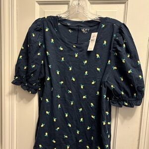 LOFT Navy ruffled blouse with yellow lemons
